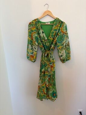 Green Printed Midi Wrap Dress with Tie Waist